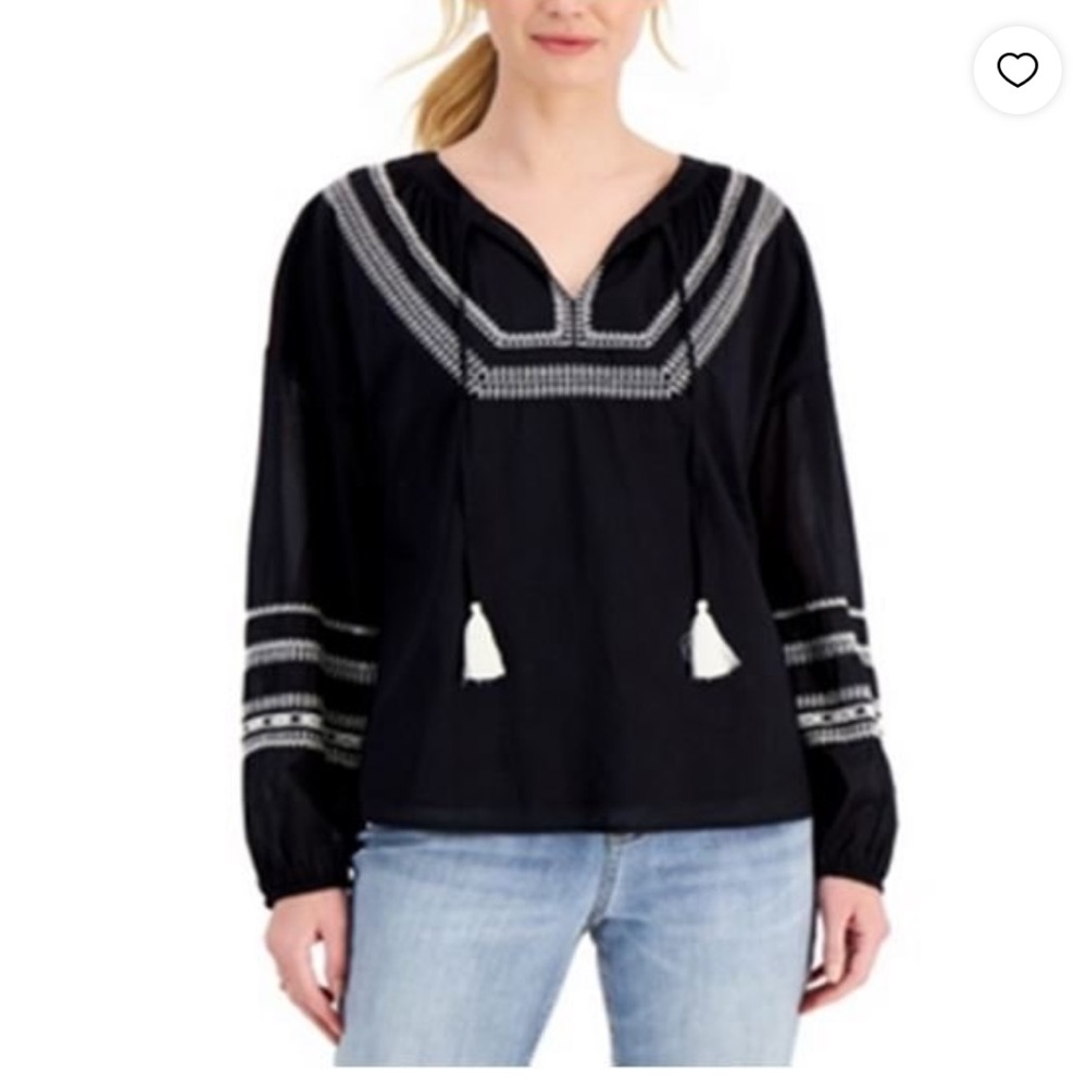 STYLE & CO Women's Black Embroidered Split-Neck Long Sleeve Peasant Top SZ Small